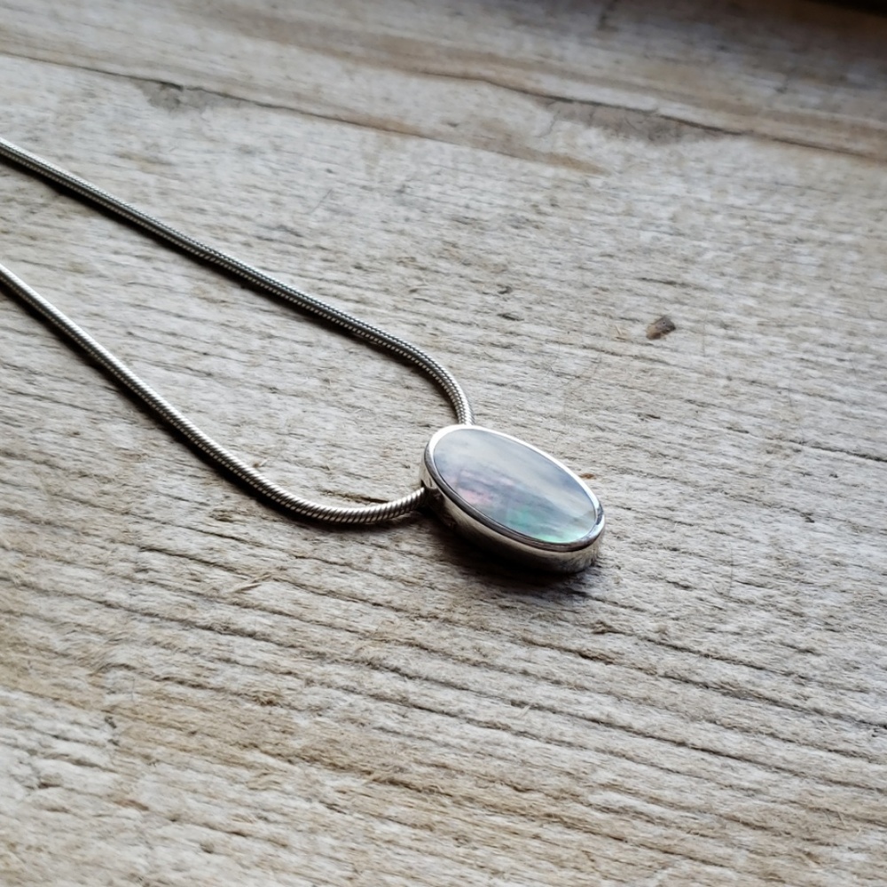 Vintage Silver Iridescent Oval Pendant
